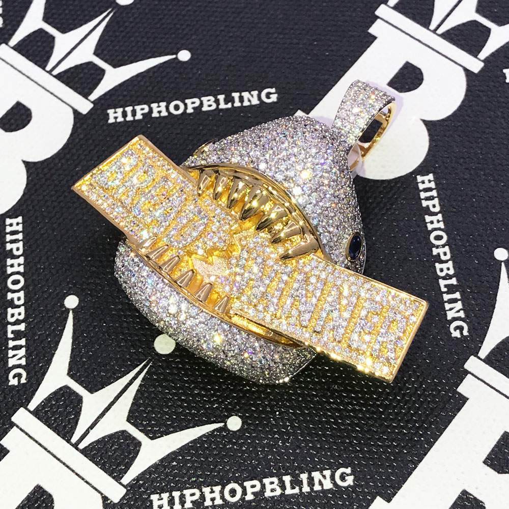 Bread Winner Shark CZ Hip Hop Bling Bling Pendant Yellow Gold HipHopBling