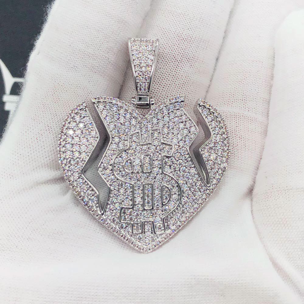 $ Broken Heart Iced Out Hip Hop Pendant White Gold HipHopBling