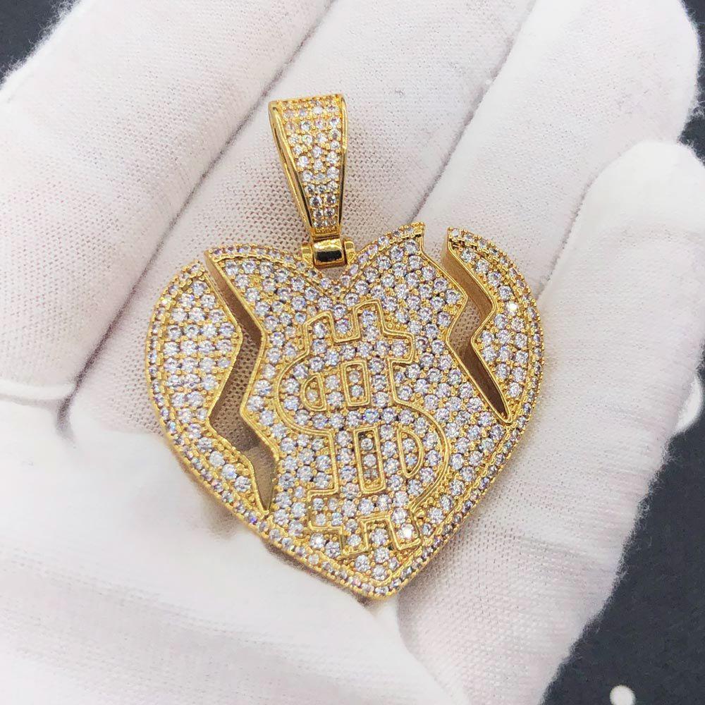 $ Broken Heart Iced Out Hip Hop Pendant Yellow Gold HipHopBling