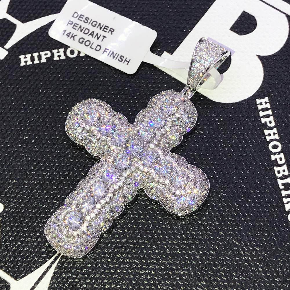 Bubble Pave Solitaire Cross CZ Hip Hop Bling Bling Pendant White Gold HipHopBling
