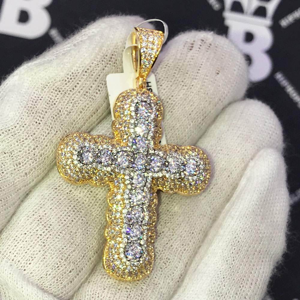 Bubble Pave Solitaire Cross CZ Hip Hop Bling Bling Pendant Yellow Gold HipHopBling