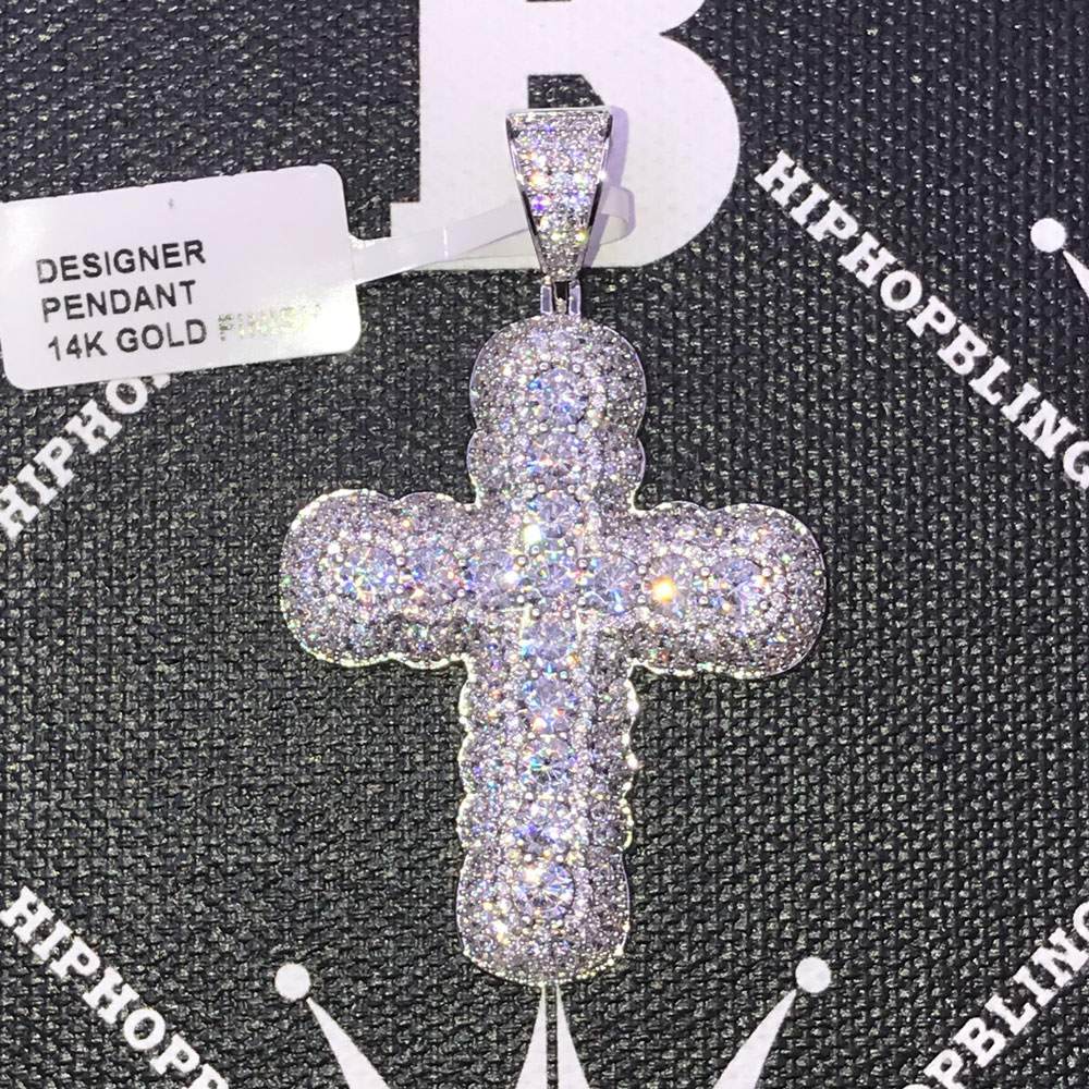 Bubble Pave Solitaire Cross CZ Hip Hop Bling Bling Pendant Yellow Gold HipHopBling