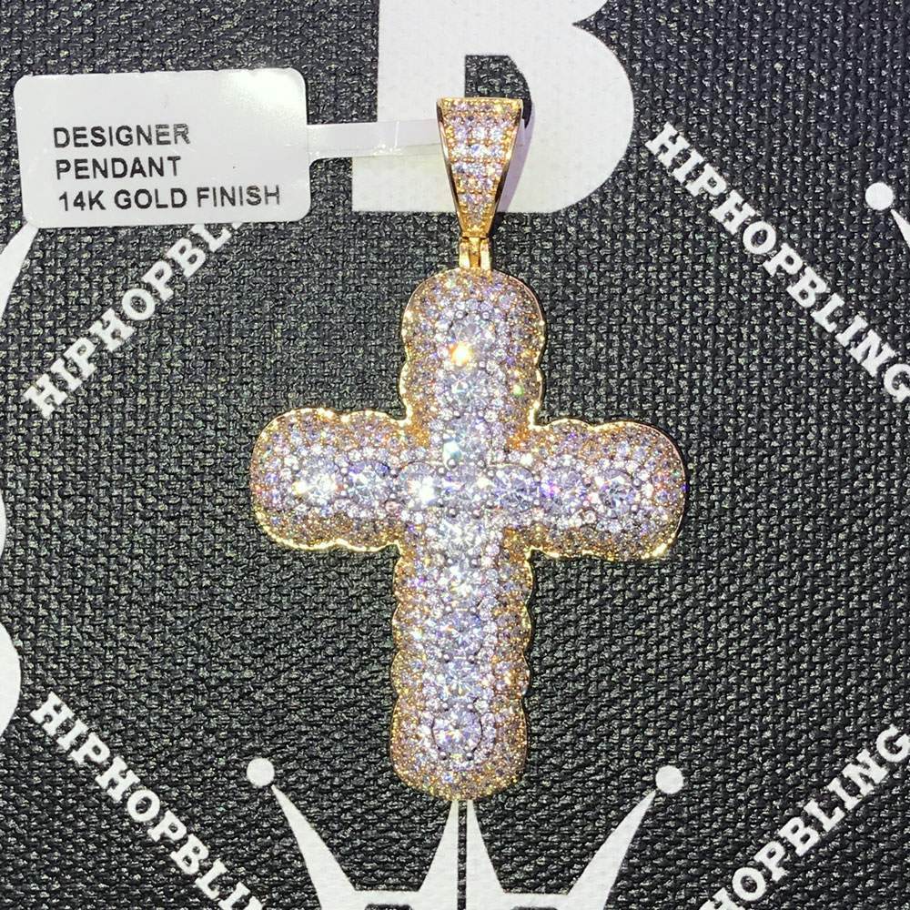 Bubble Pave Solitaire Cross CZ Hip Hop Bling Bling Pendant Yellow Gold HipHopBling