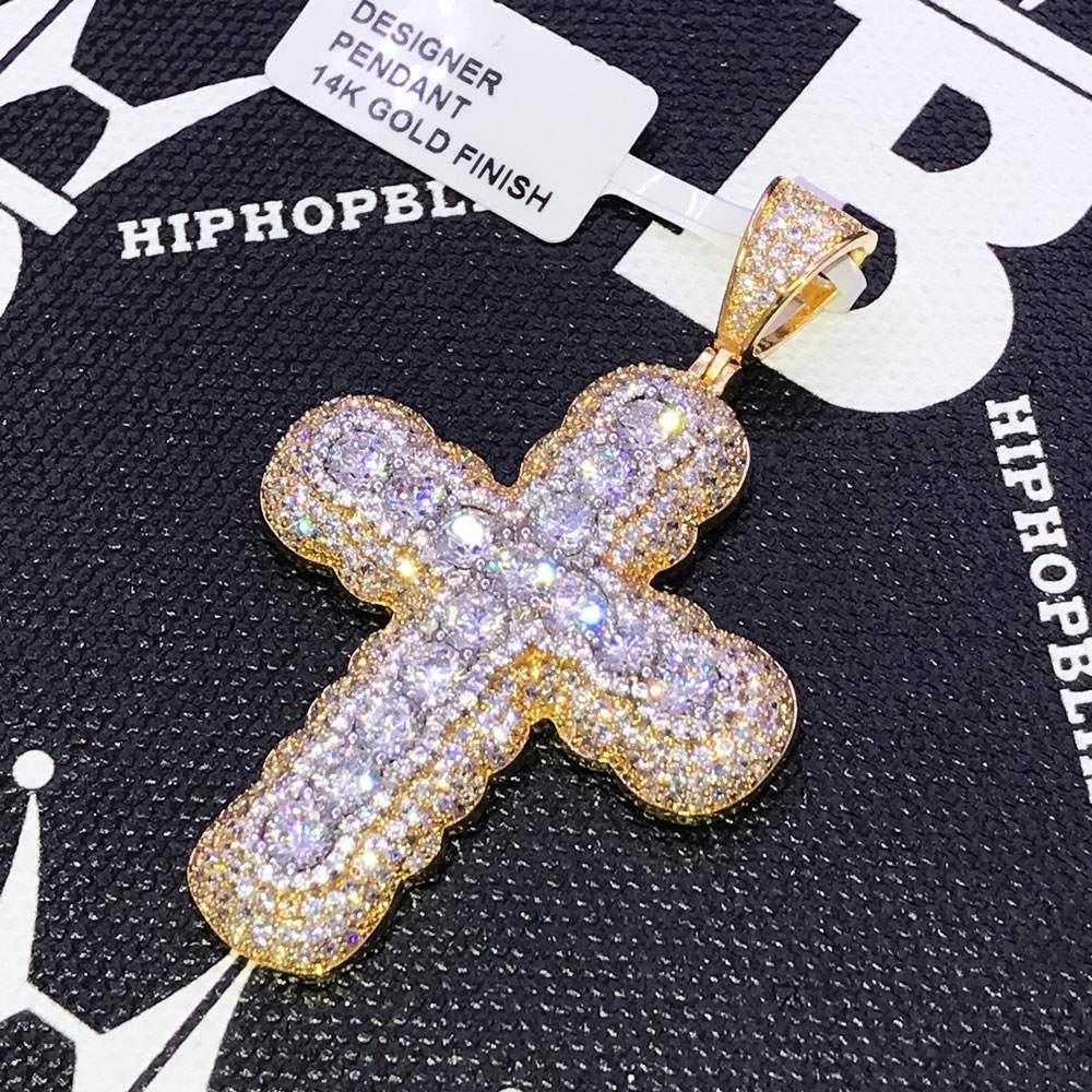 Bubble Pave Solitaire Cross CZ Hip Hop Bling Bling Pendant Yellow Gold HipHopBling