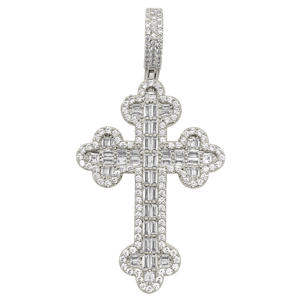 Budded Cross Baguette VVS CZ Hip Hop Iced Out Pendant White Gold HipHopBling