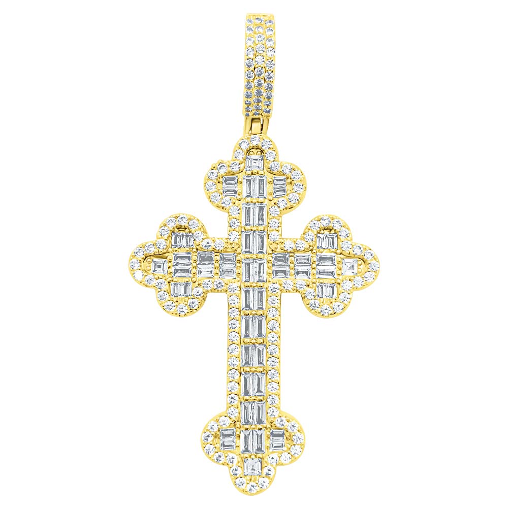Budded Cross Baguette VVS CZ Hip Hop Iced Out Pendant Yellow Gold HipHopBling