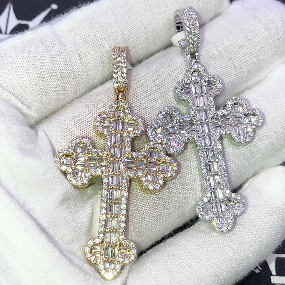 Budded Cross Baguette VVS CZ Hip Hop Iced Out Pendant Yellow Gold HipHopBling