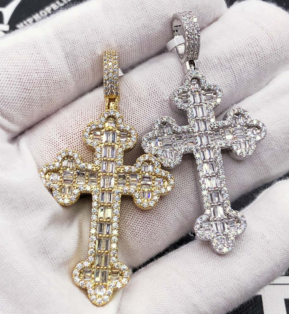 Budded Cross Baguette VVS CZ Hip Hop Iced Out Pendant Yellow Gold HipHopBling