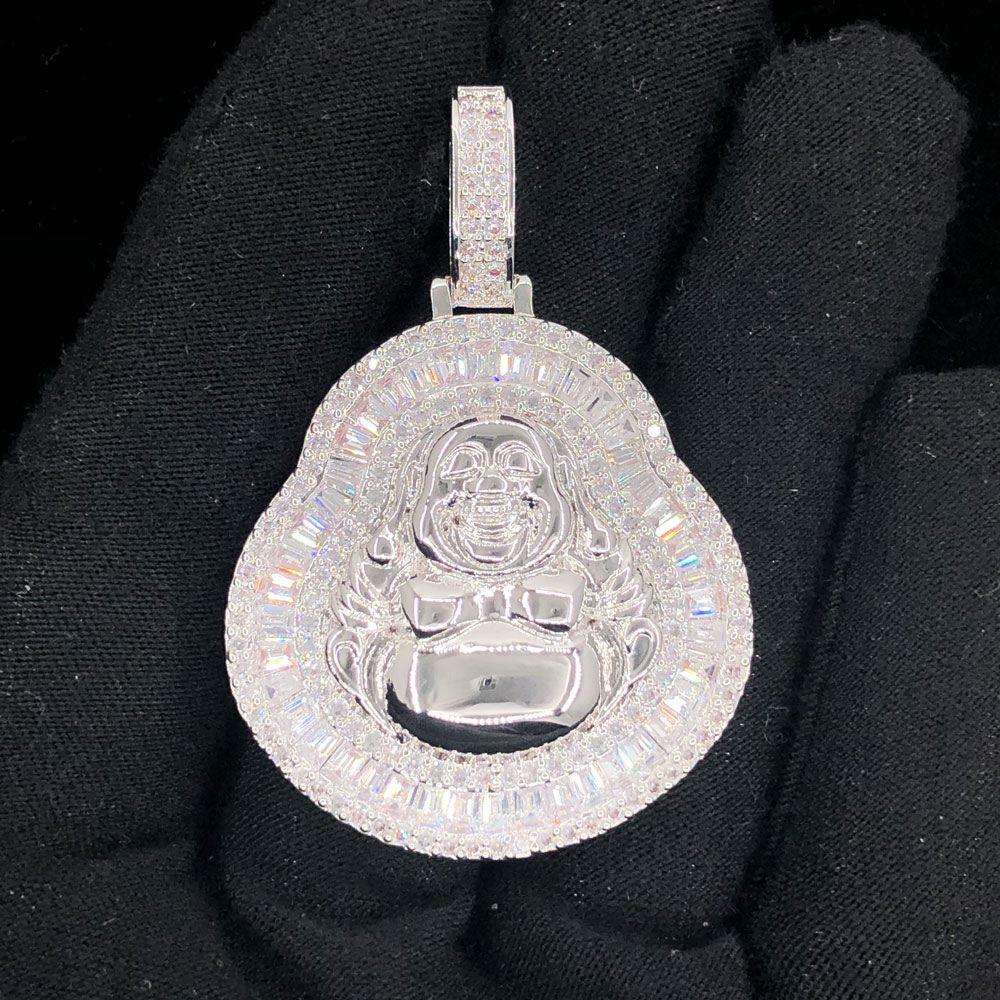 Buddha Baguette Iced Out Hip Hop Pendant White Gold HipHopBling