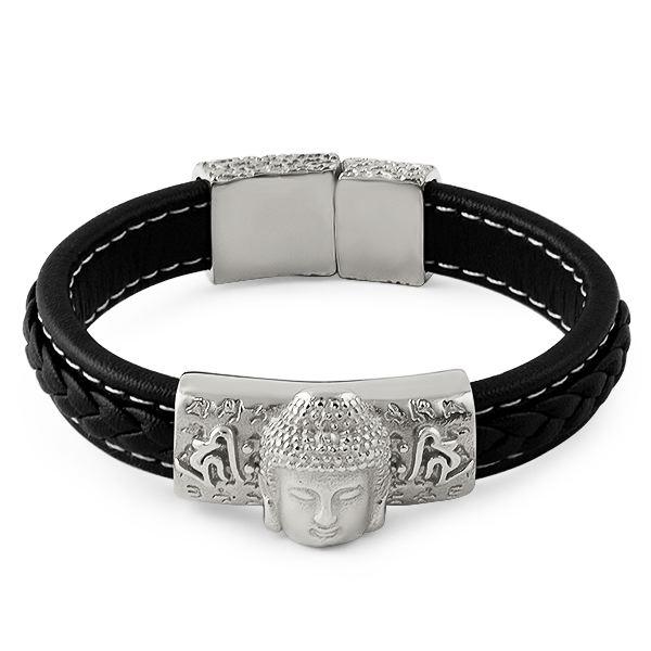 Buddha Black Leather Stainless Steel Bracelet HipHopBling