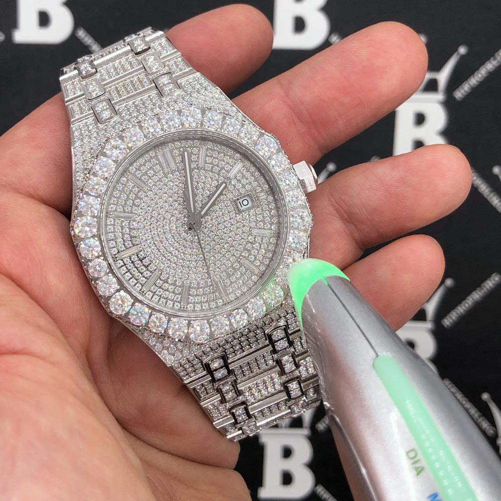 Bust Down Moissanite Steel VVS Iced Out Watch White Gold HipHopBling