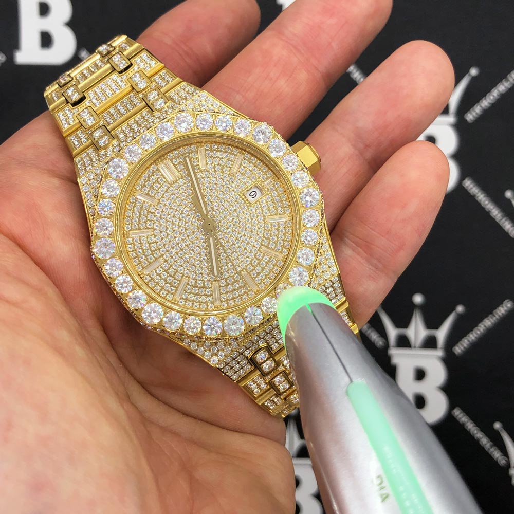 Bust Down Moissanite Steel VVS Iced Out Watch Yellow Gold HipHopBling