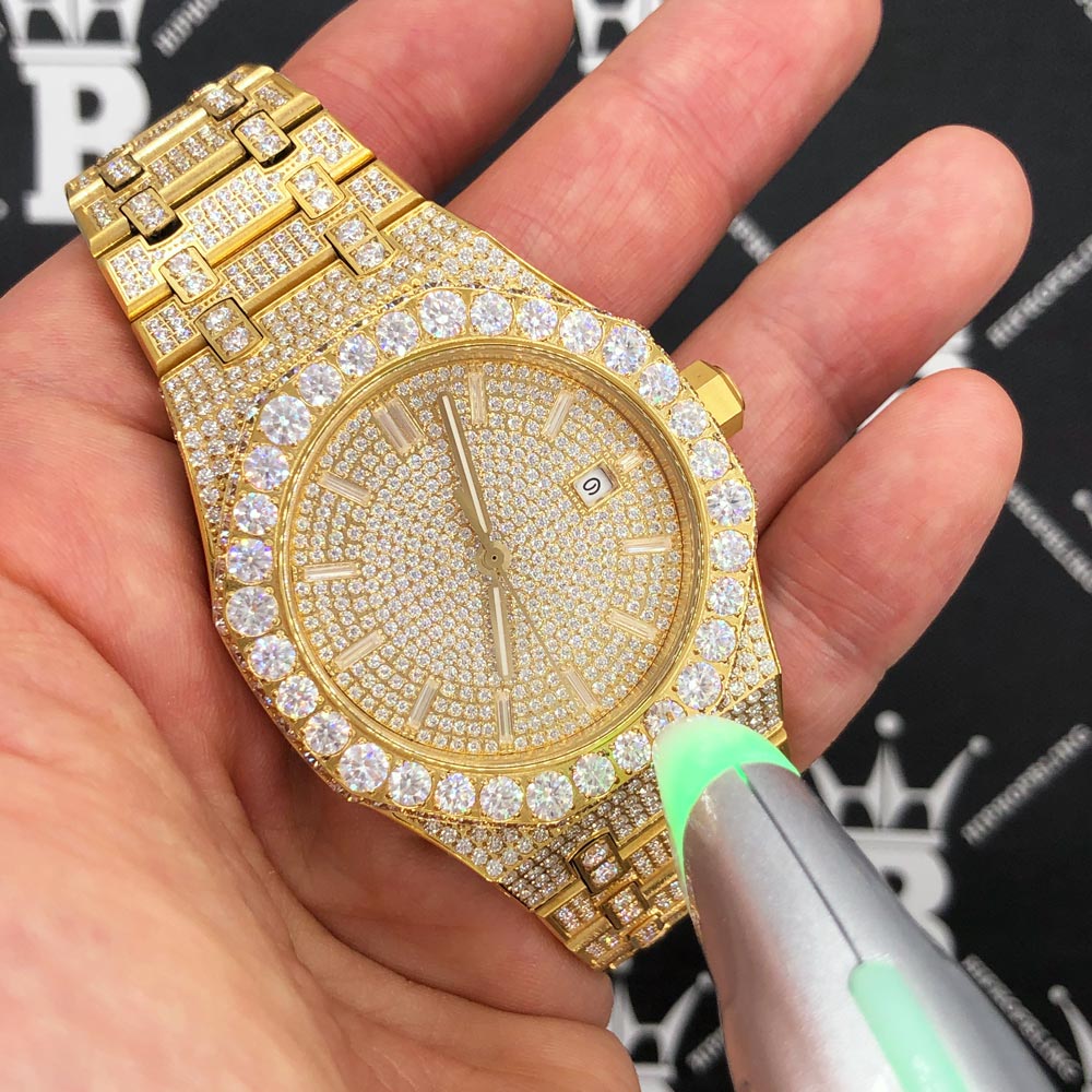 Bust Down Moissanite Steel VVS Iced Out Watch Yellow Gold HipHopBling
