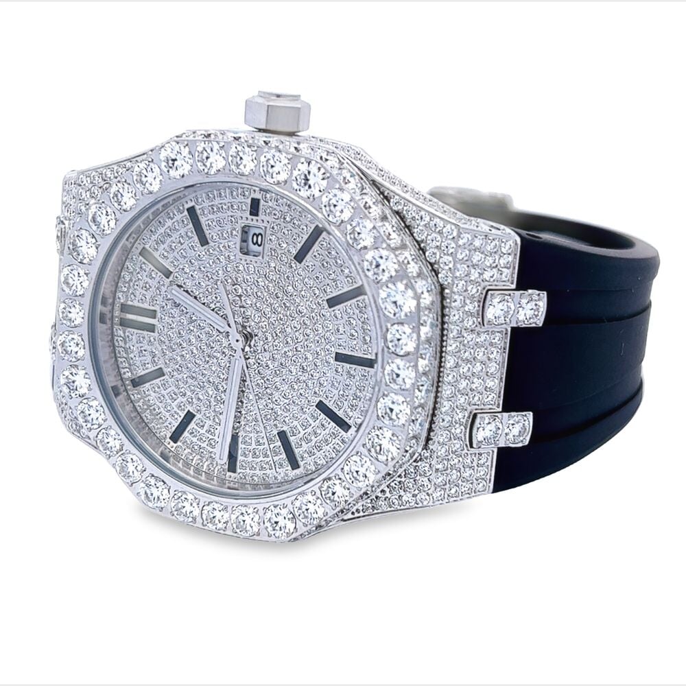 Bust Down Rubber Band Moissanite Steel VVS Iced Out Watch White Gold HipHopBling