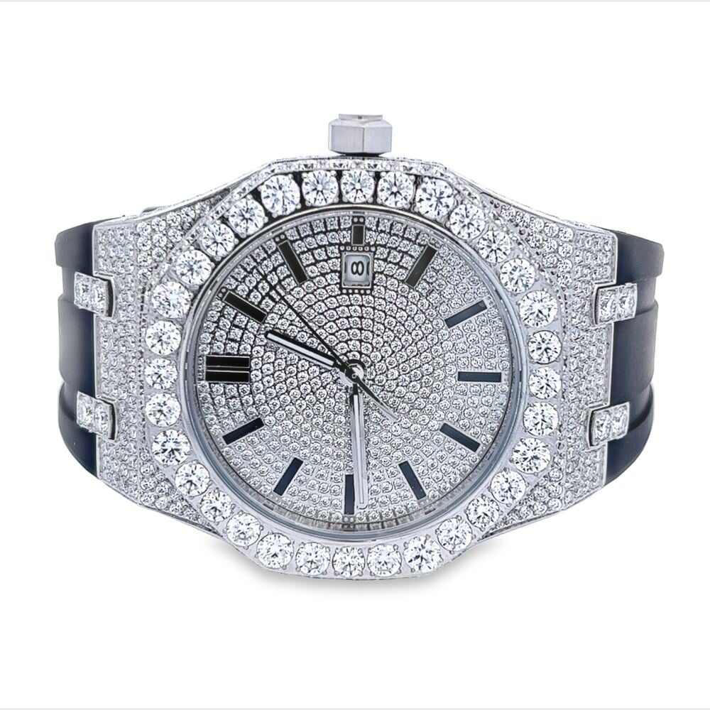 Bust Down Rubber Band Moissanite Steel VVS Iced Out Watch White Gold HipHopBling