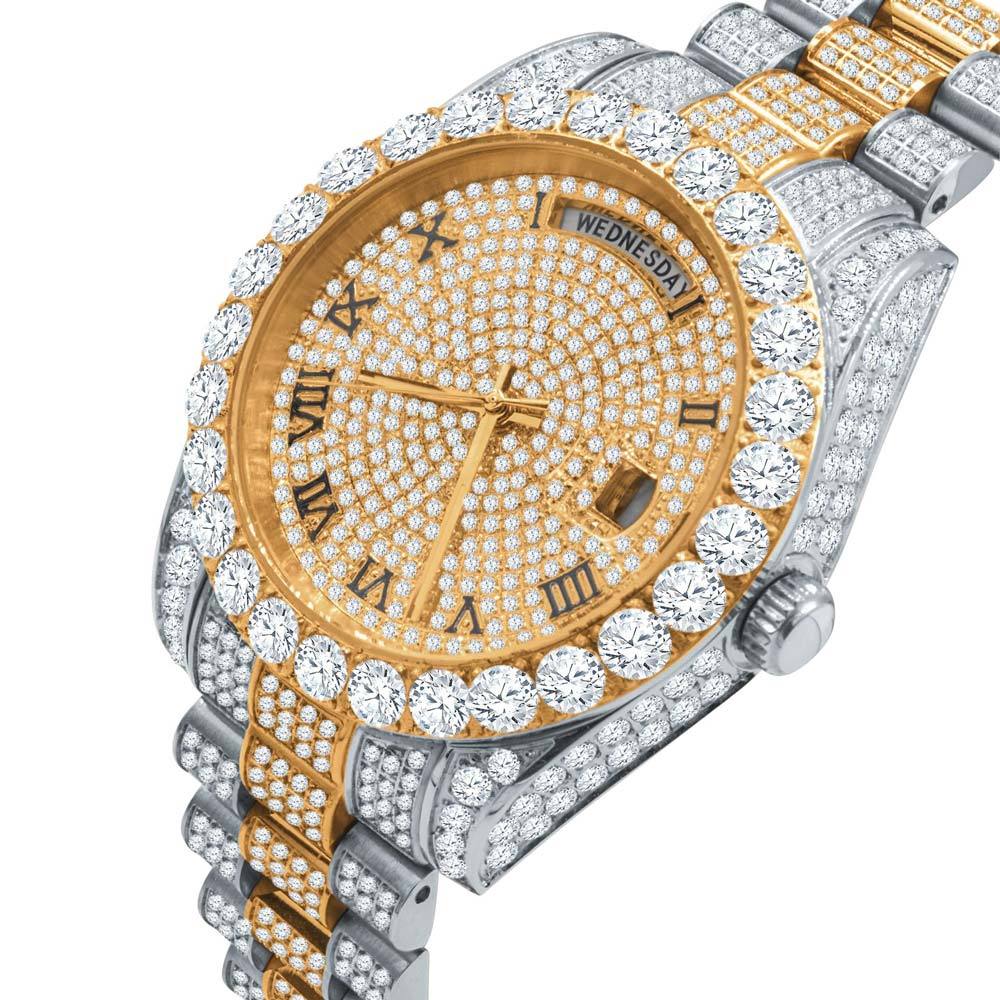 Bustdown Big CZ Bezel Date & Day Bling Bling Watch 2 - Tone Rose/White HipHopBling
