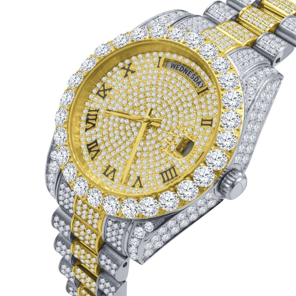 Bustdown Big CZ Bezel Date & Day Bling Bling Watch 2 - Tone Yellow/White HipHopBling