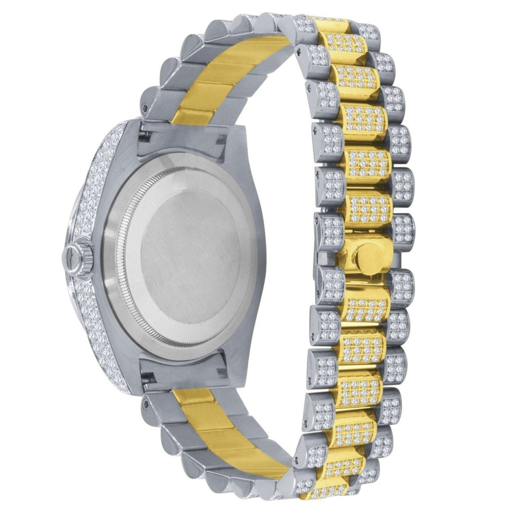 Bustdown Big CZ Bezel Date & Day Bling Bling Watch 2 - Tone Yellow/White HipHopBling