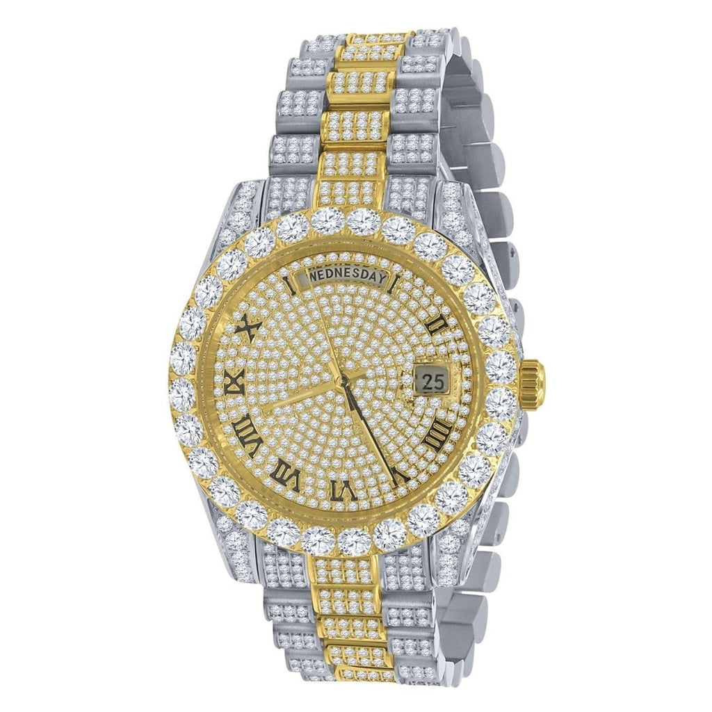 Bustdown Big CZ Bezel Date & Day Bling Bling Watch 2 - Tone Yellow/White HipHopBling