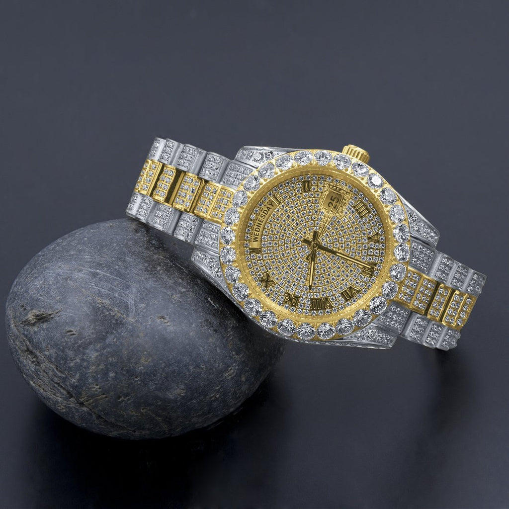 Bustdown Big CZ Bezel Date & Day Bling Bling Watch 2 - Tone Yellow/White HipHopBling