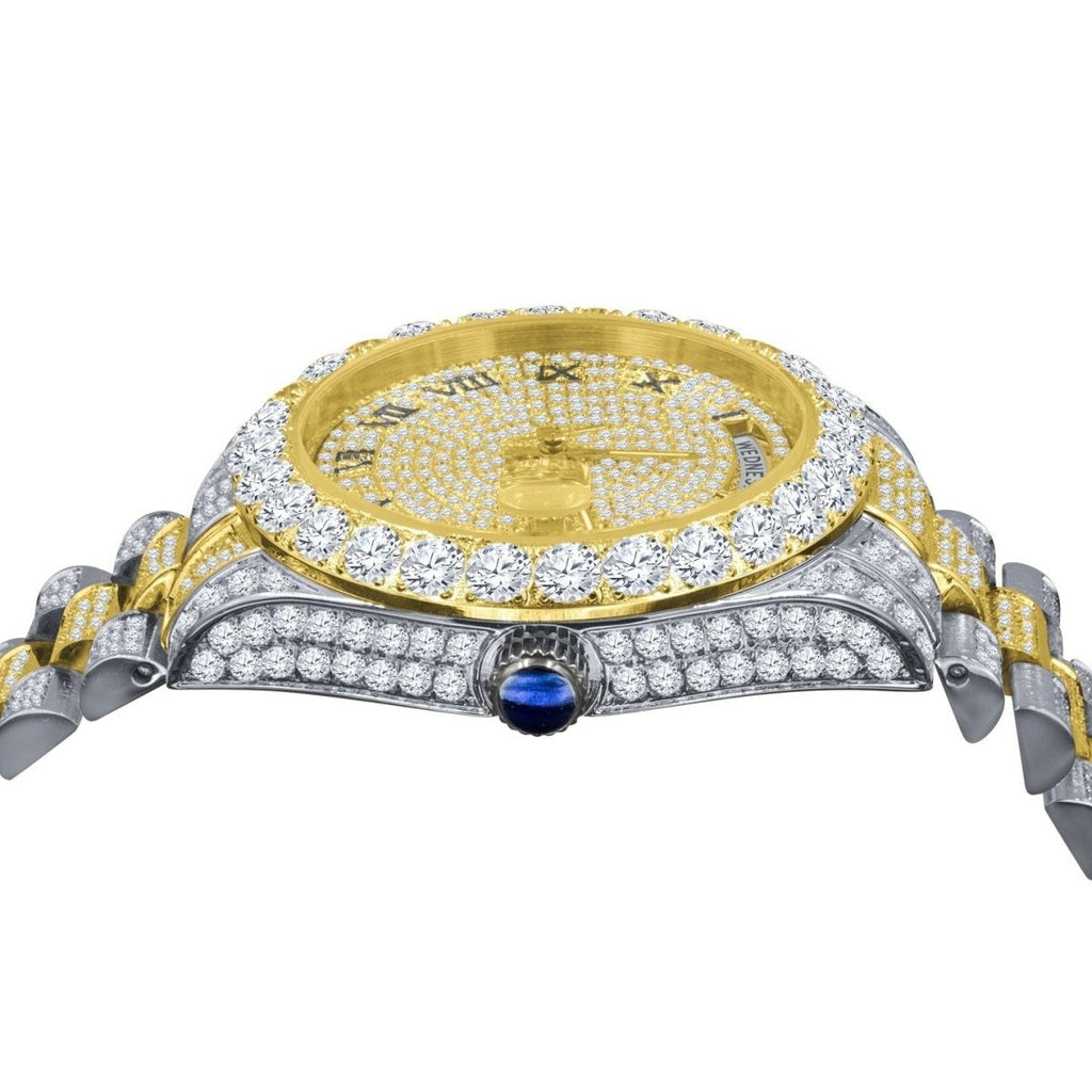 Bustdown Big CZ Bezel Date & Day Bling Bling Watch 2 - Tone Yellow/White HipHopBling