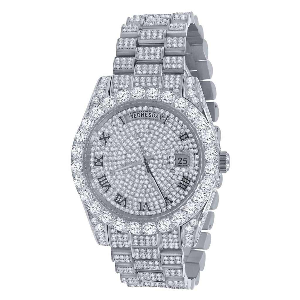 Bustdown Big CZ Bezel Date & Day Bling Bling Watch White Gold HipHopBling