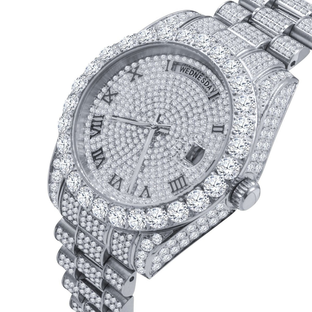 Bustdown Big CZ Bezel Date & Day Bling Bling Watch White Gold HipHopBling
