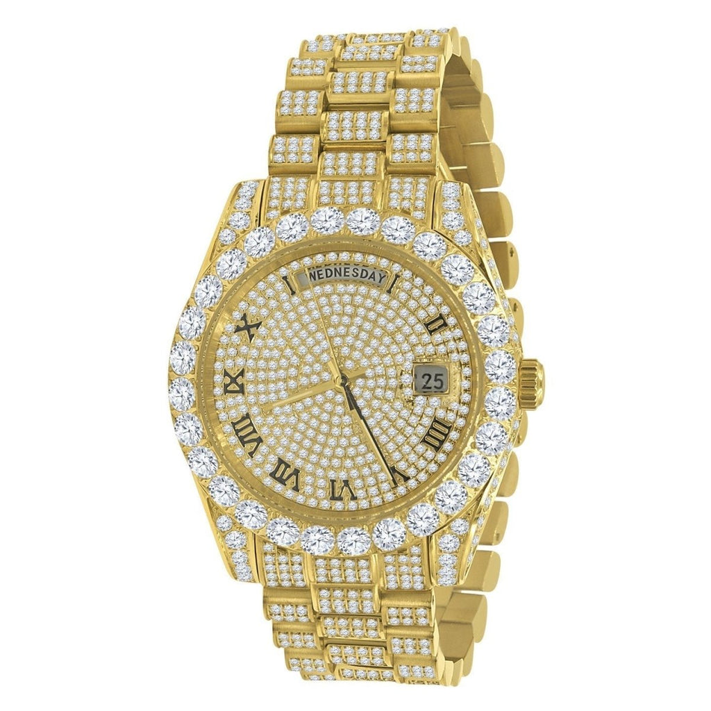 Bustdown Big CZ Bezel Date & Day Bling Bling Watch Yellow Gold HipHopBling