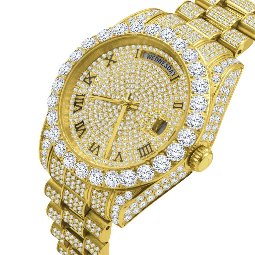 Bustdown Big CZ Bezel Date & Day Bling Bling Watch Yellow Gold HipHopBling