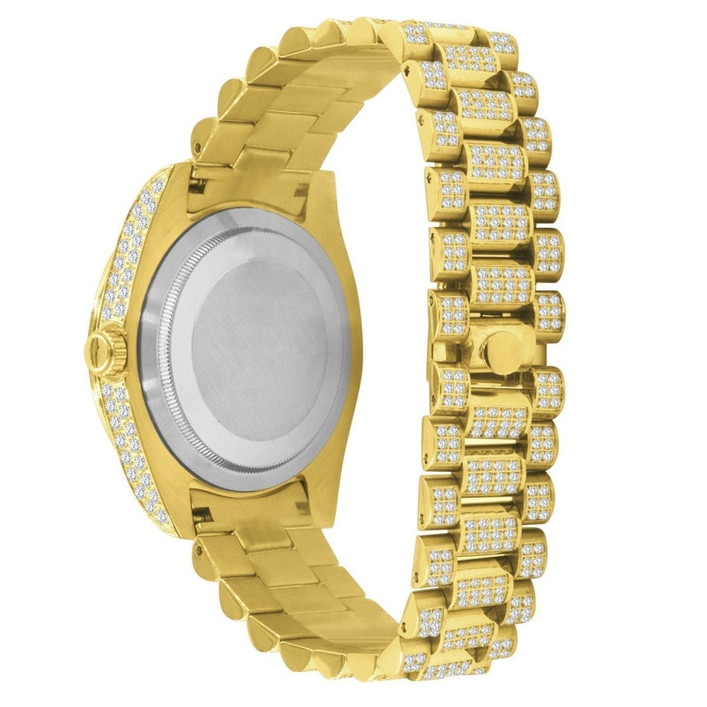 Bustdown Big CZ Bezel Date & Day Bling Bling Watch Yellow Gold HipHopBling