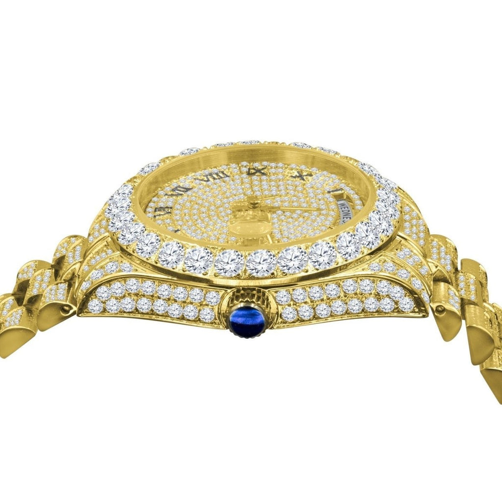 Bustdown Big CZ Bezel Date & Day Bling Bling Watch Yellow Gold HipHopBling
