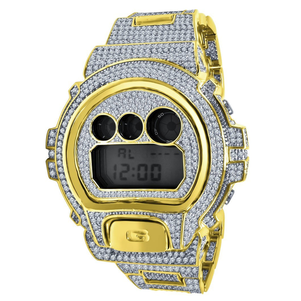 Bustdown Custom G - Shock DW6900 Iced Out Watch Yellow Gold HipHopBling