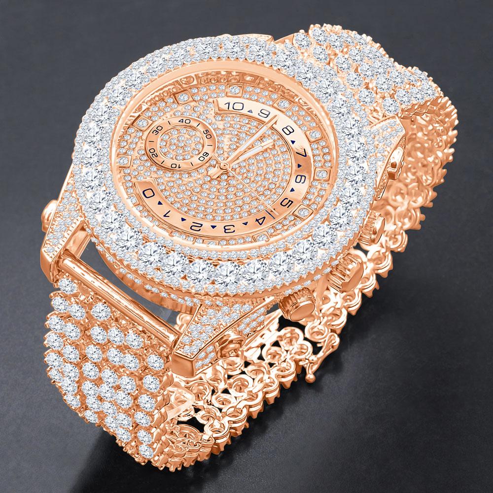 Bustdown Triple Bezel Chunky Band CZ Iced Out Watch Rose Gold HipHopBling