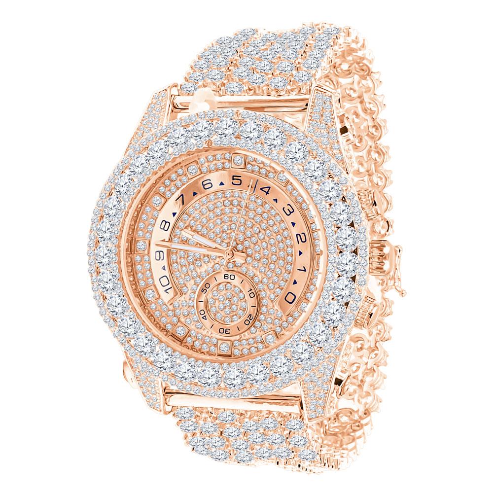 Bustdown Triple Bezel Chunky Band CZ Iced Out Watch Rose Gold HipHopBling