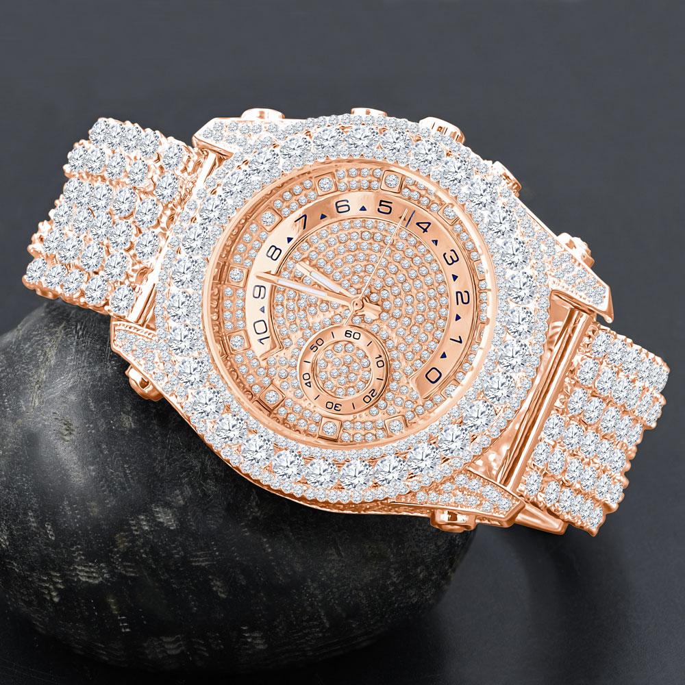 Bustdown Triple Bezel Chunky Band CZ Iced Out Watch Rose Gold HipHopBling