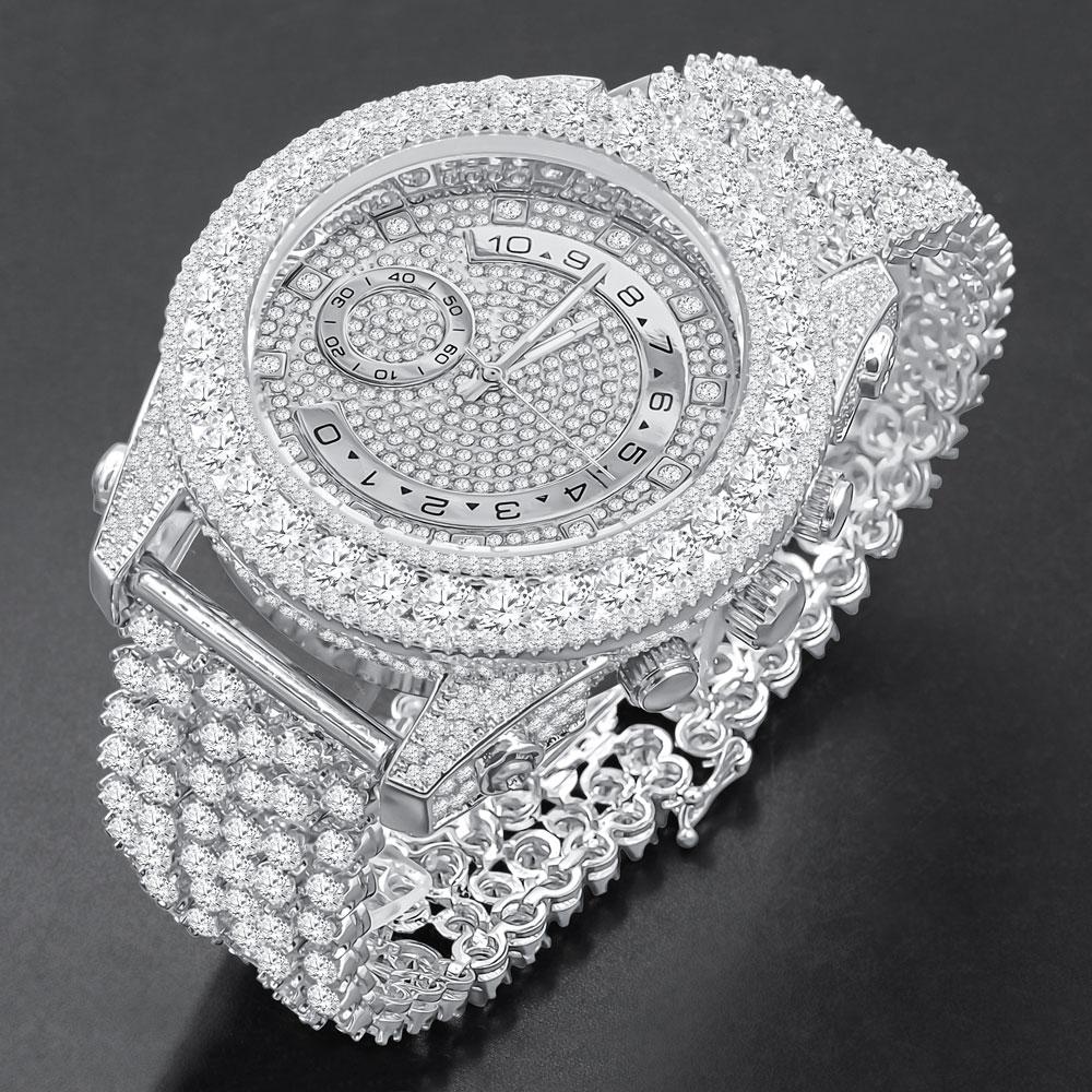 Bustdown Triple Bezel Chunky Band CZ Iced Out Watch White Gold HipHopBling