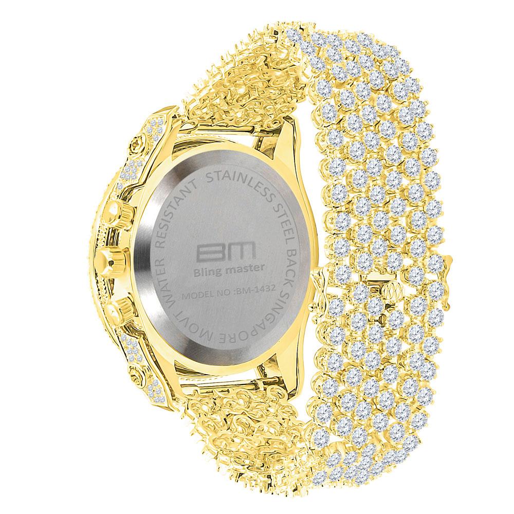 Bustdown Triple Bezel Chunky Band CZ Iced Out Watch Yellow Gold HipHopBling