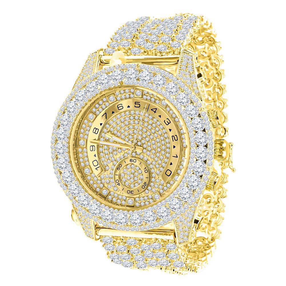 Bustdown Triple Bezel Chunky Band CZ Iced Out Watch Yellow Gold HipHopBling