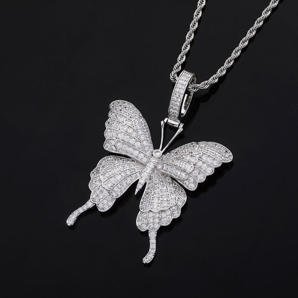 Butterfly Iced Out Hip Hop Pendant White Gold HipHopBling