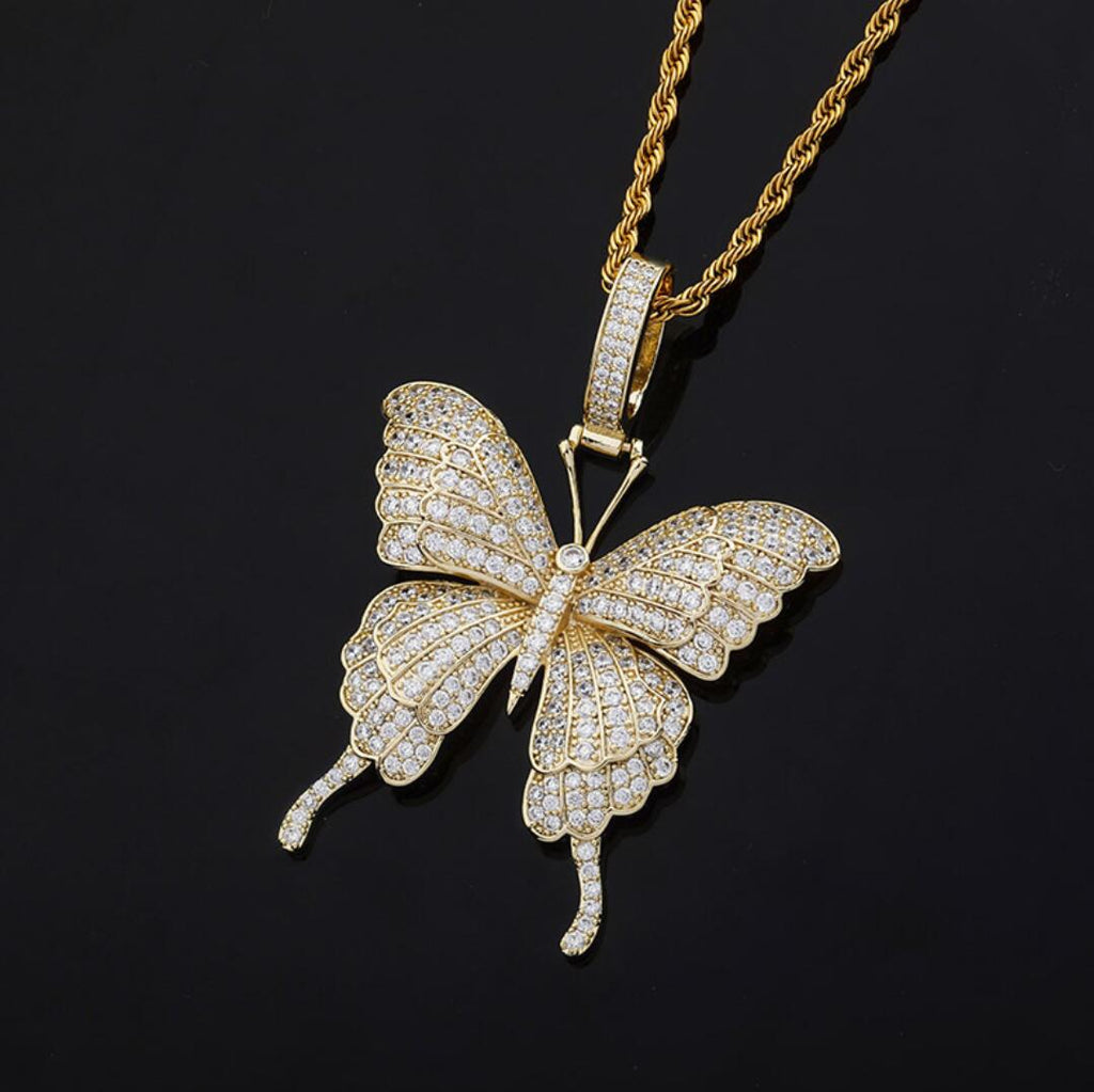 Butterfly Iced Out Hip Hop Pendant Yellow Gold HipHopBling