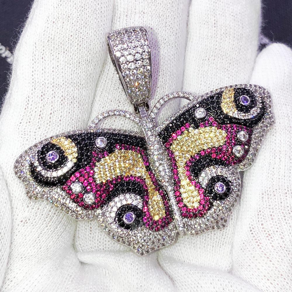 Butterfly Multicolor Iced Out Hip Hop Pendant White Gold HipHopBling