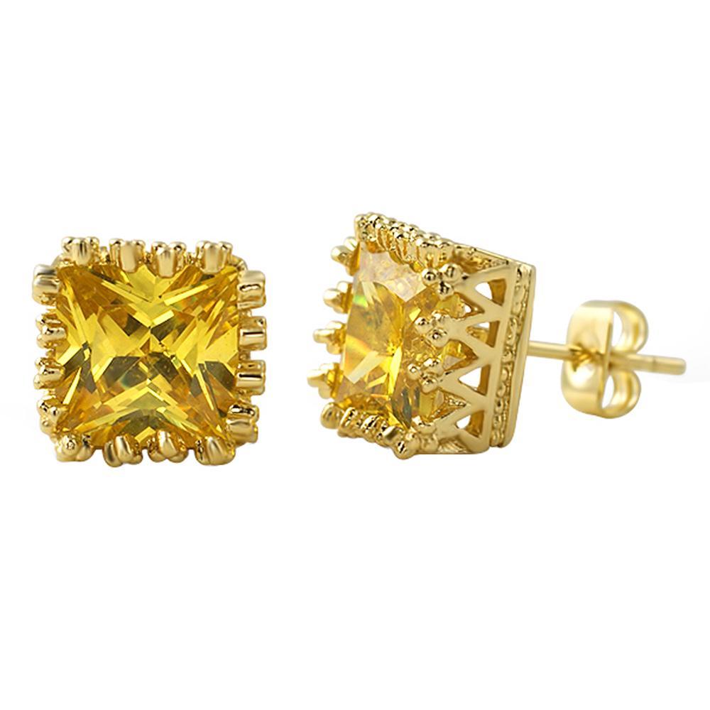 Canary Gold Big Crown Princess Cut CZ Earrings HipHopBling