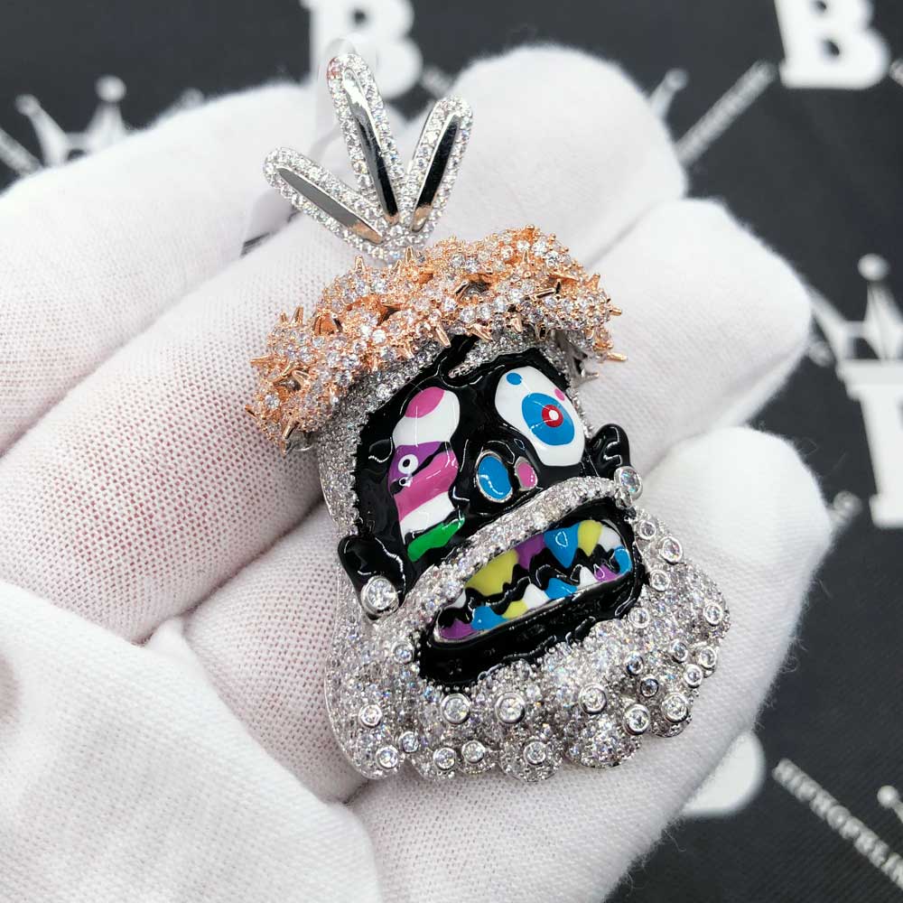 Cartoon Jesus Black Face VVS CZ Iced Out Pendant White Gold HipHopBling