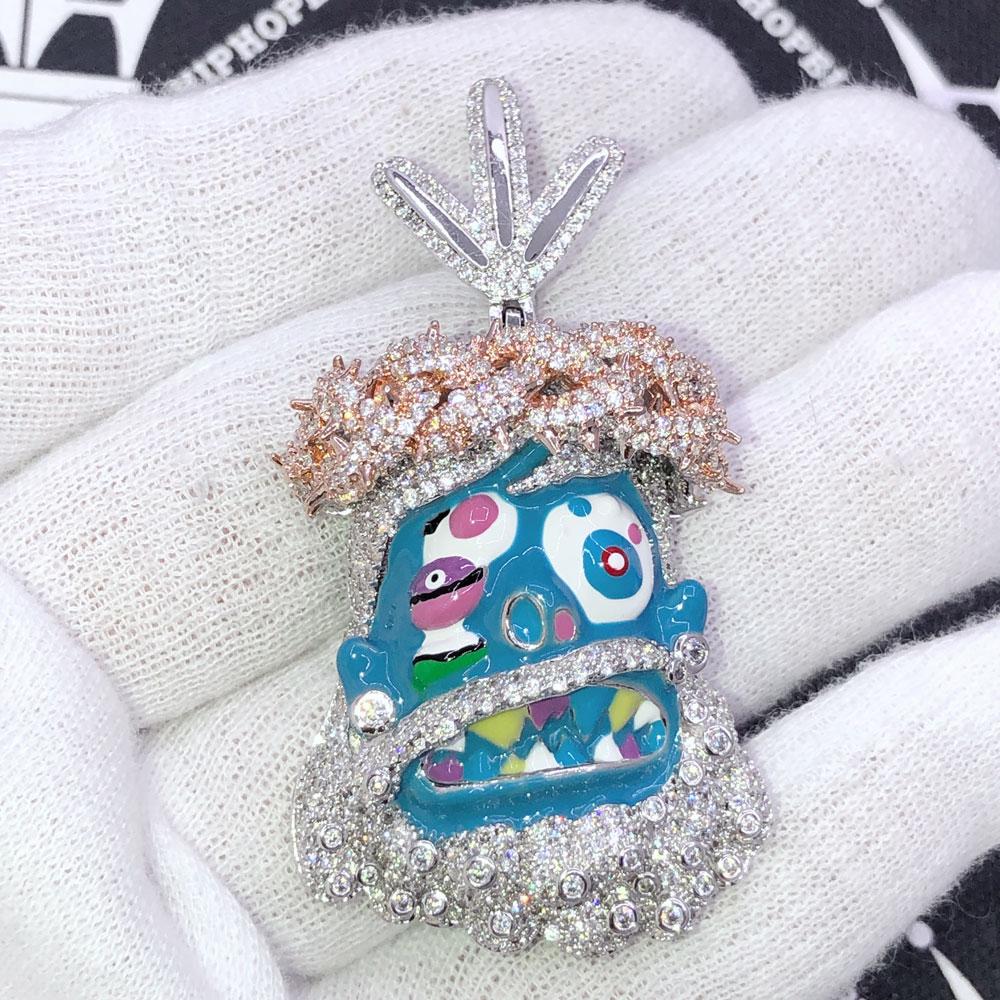 Cartoon Jesus Blue Face VVS CZ Iced Out Pendant White Gold HipHopBling