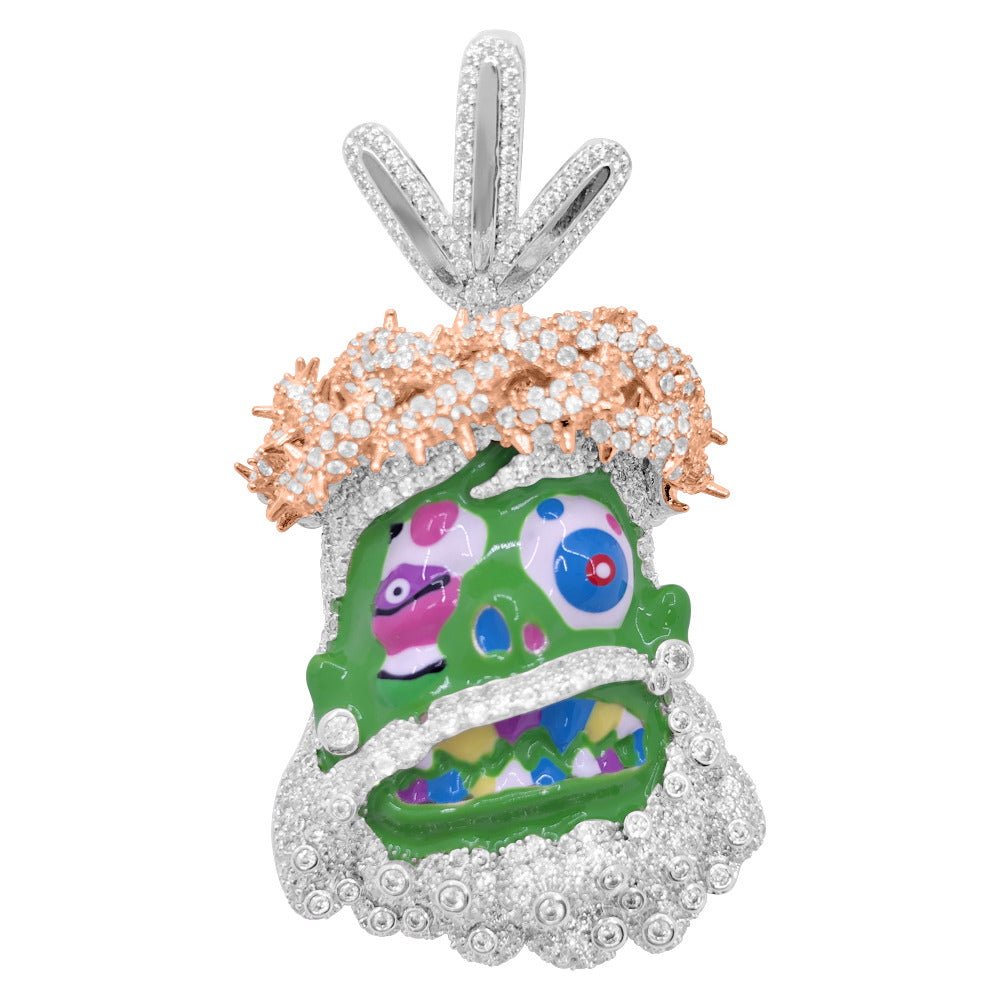 Cartoon Jesus Green Face VVS CZ Iced Out Pendant White Gold HipHopBling