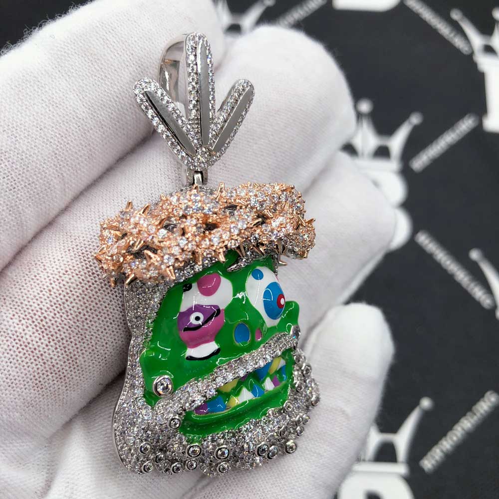 Cartoon Jesus Green Face VVS CZ Iced Out Pendant White Gold HipHopBling