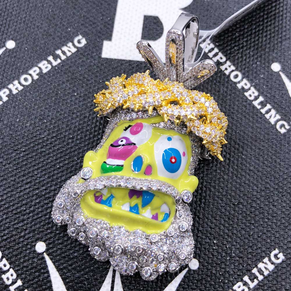 Cartoon Jesus Yellow Face VVS CZ Iced Out Pendant Yellow Gold HipHopBling