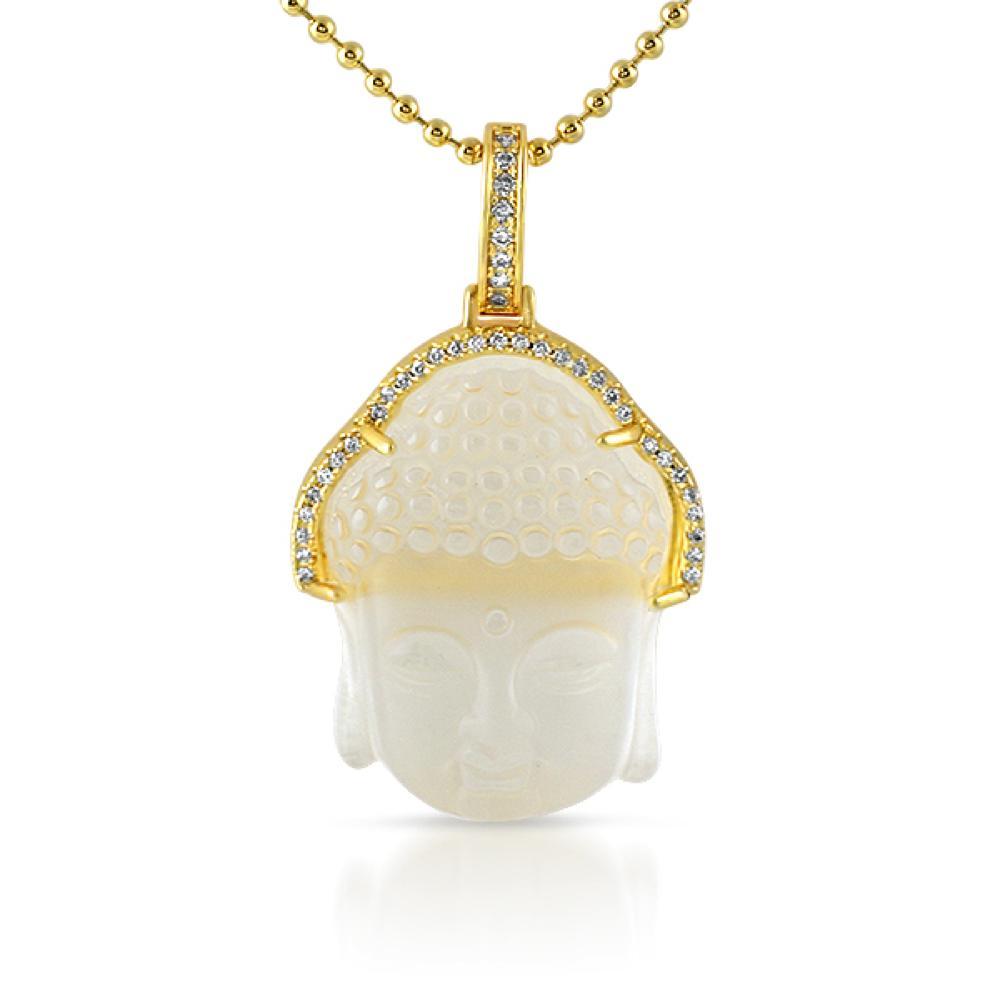 Carved Frosted Crystal Buddha Pendant Gold CZ Hair Outline HipHopBling