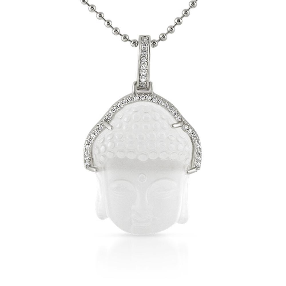 Carved Frosted Crystal Buddha Pendant Rhodium CZ Hair Outline HipHopBling