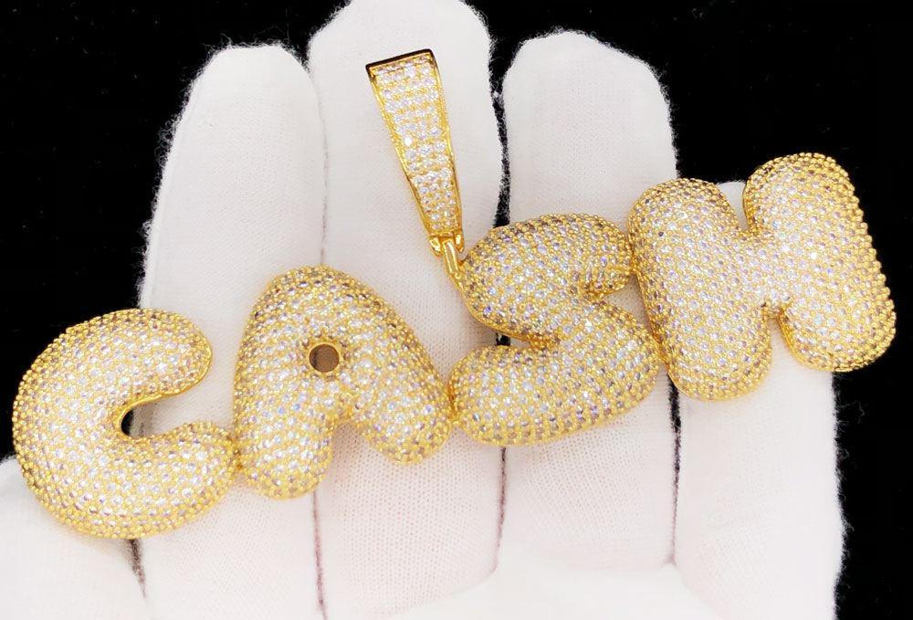 CASH Bubble Letter Font Iced Out Hip Hop Pendant Yellow Gold HipHopBling